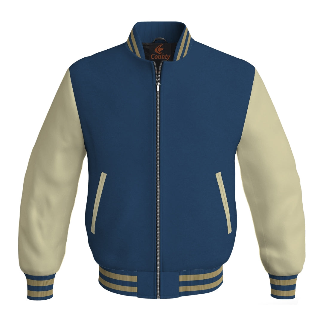 Varsity Jacket Women Navy Blue Body and Cream Leather Sleeves Bomber Jacket