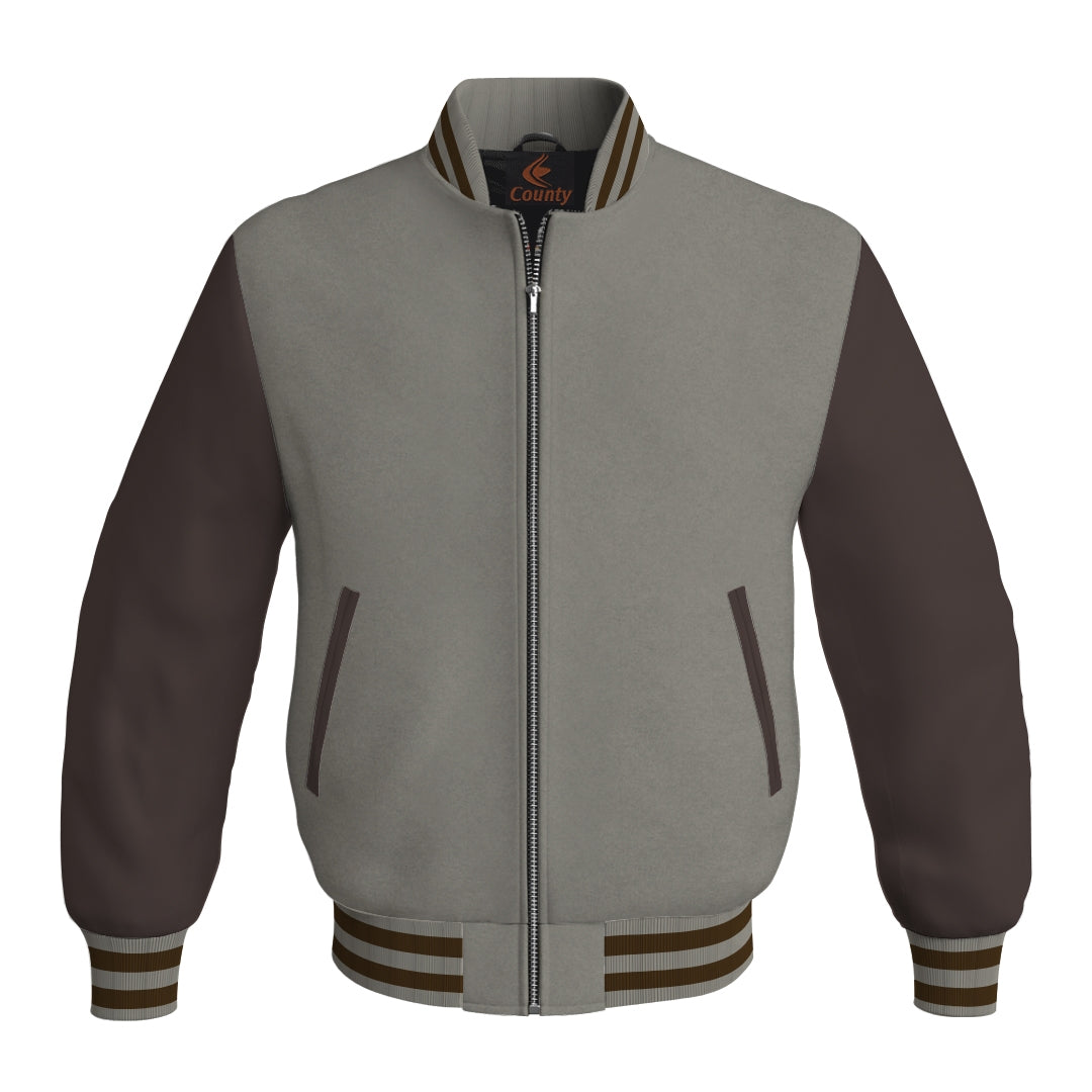 Varsity Jacket Mens Gray Body and Brown Leather Sleeves Bomber Jacket