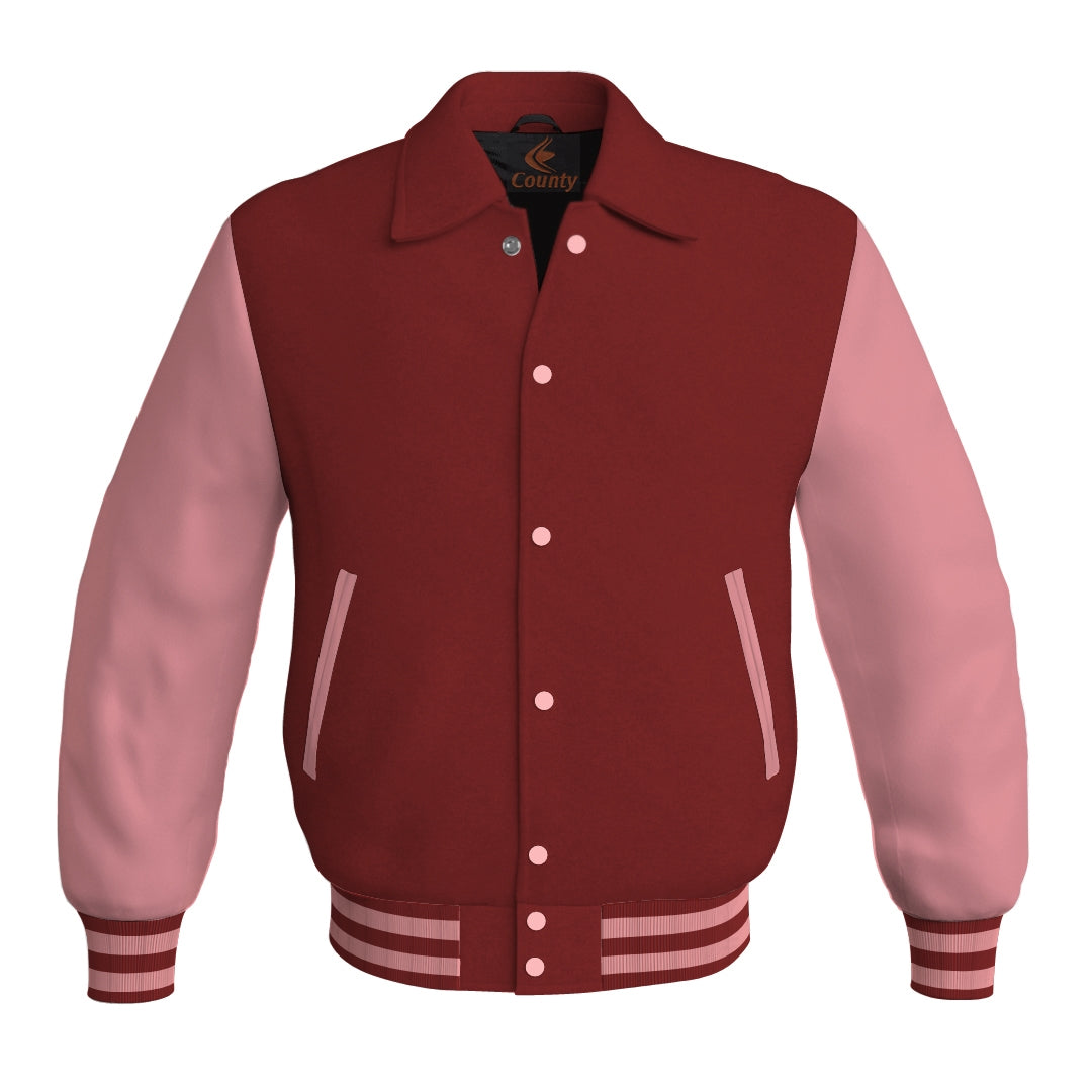 Letterman Varsity Classic Jacket Maroon Body and Pink Leather Sleeves