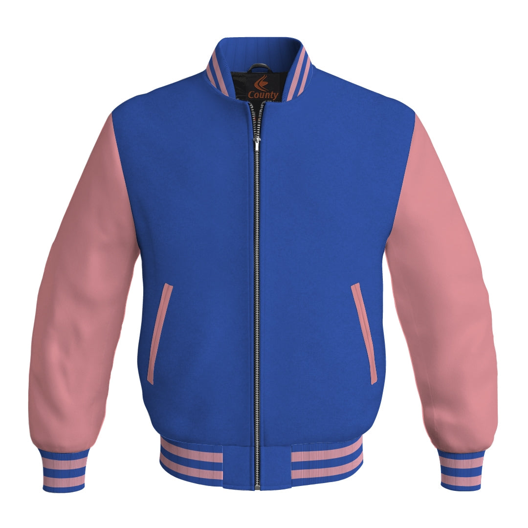 Ladies Varsity Jacket Blue Body and Pink Leather Sleeves Bomber Jacket