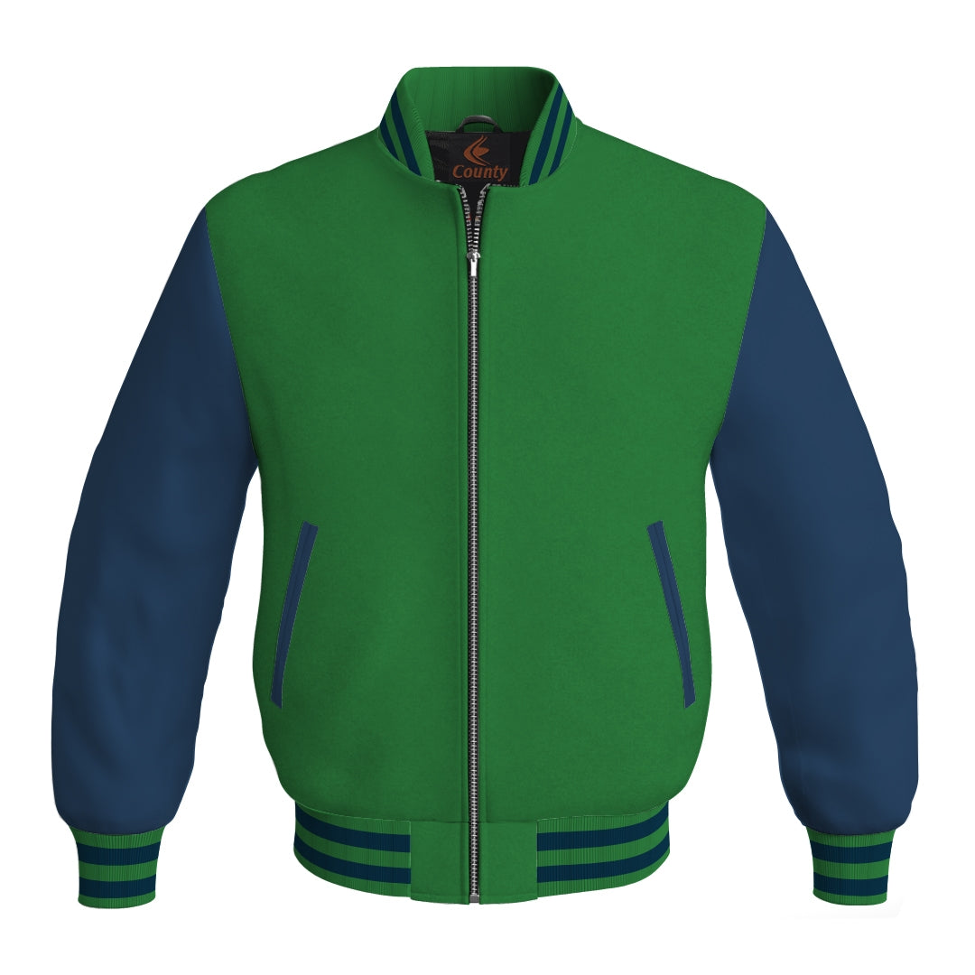 Team Varsity Jackets Green Body and Navy Blue Leather Sleeves Bomber Jacket