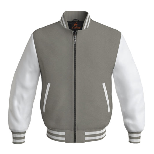 Team Varsity Jackets Gray Body and White Leather Sleeves Bomber Jacket