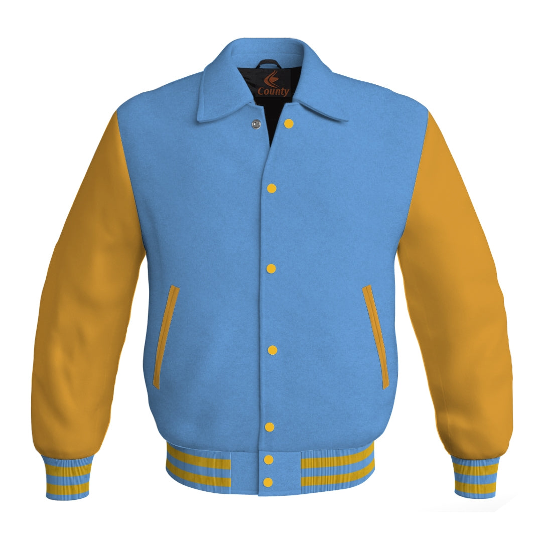 Letterman Varsity Classic Jacket Sky Blue Body and Gold Leather Sleeves