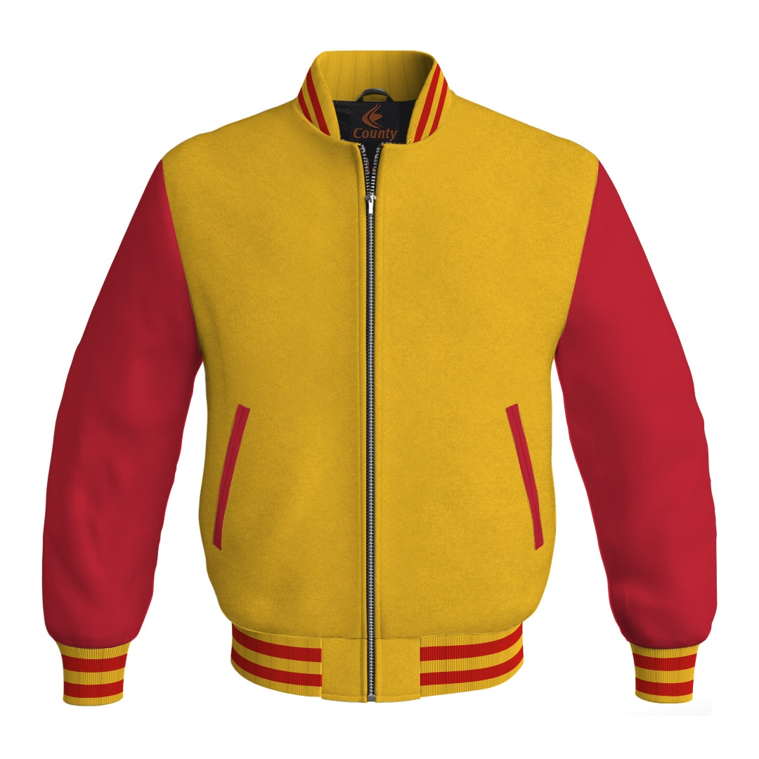 Varsity Jacket Yellow/Gold Body and Red Leather Sleeves Bomber Jacket