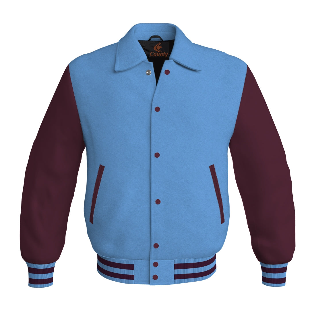 Letterman Varsity Classic Jacket Sky Blue Body and Maroon Leather Sleeves