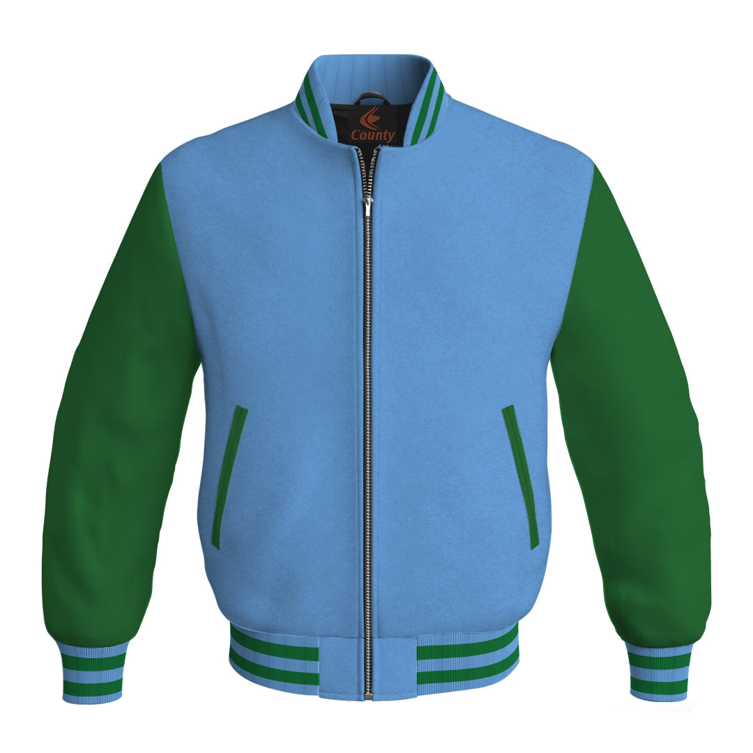 Personalized Varsity Jacket Sky Blue Body and Green Leather Sleeves Bomber Jacket