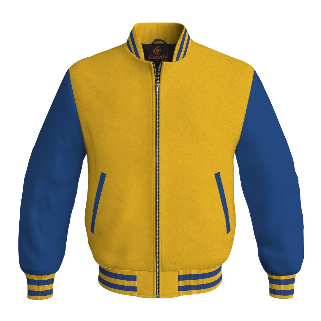 Team Varsity Jackets Yellow/Gold Body and Blue Leather Sleeves Bomber Jacket