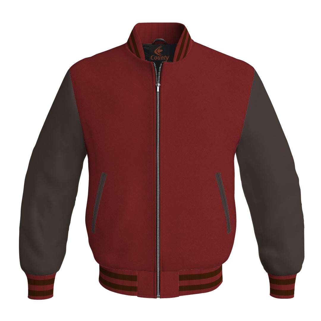 Varsity Jacket Mens Maroon Body and Brown Leather Sleeves Bomber Jacket