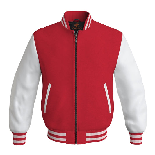 Team Varsity Jackets Red Body and White Leather Sleeves Bomber Jacket