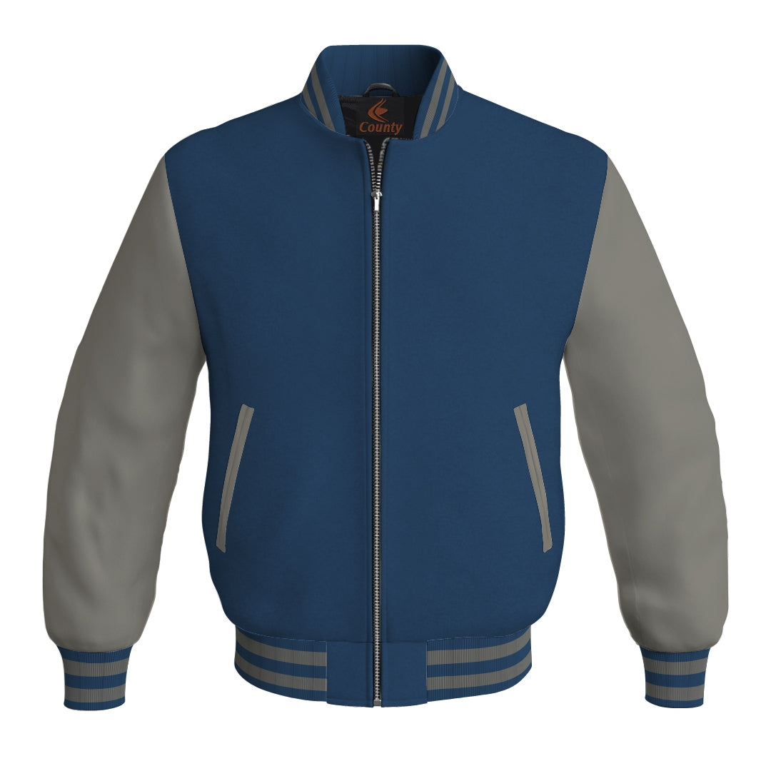 Mens Bomber Jacket Navy Blue Body and Gray Leather Sleeves Bomber Jacket