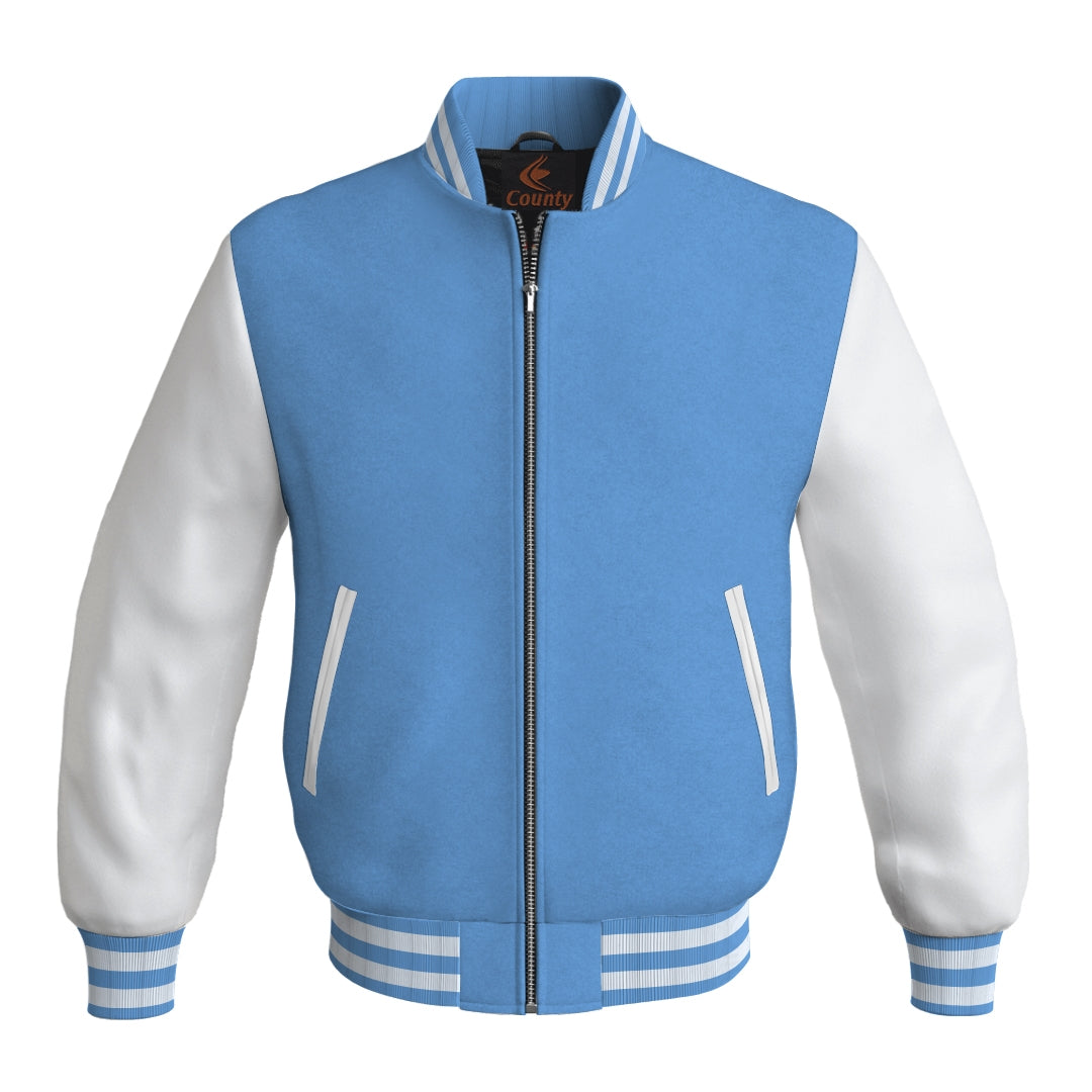 Team Varsity Jackets Sky Blue Body and White Leather Sleeves Bomber Jacket