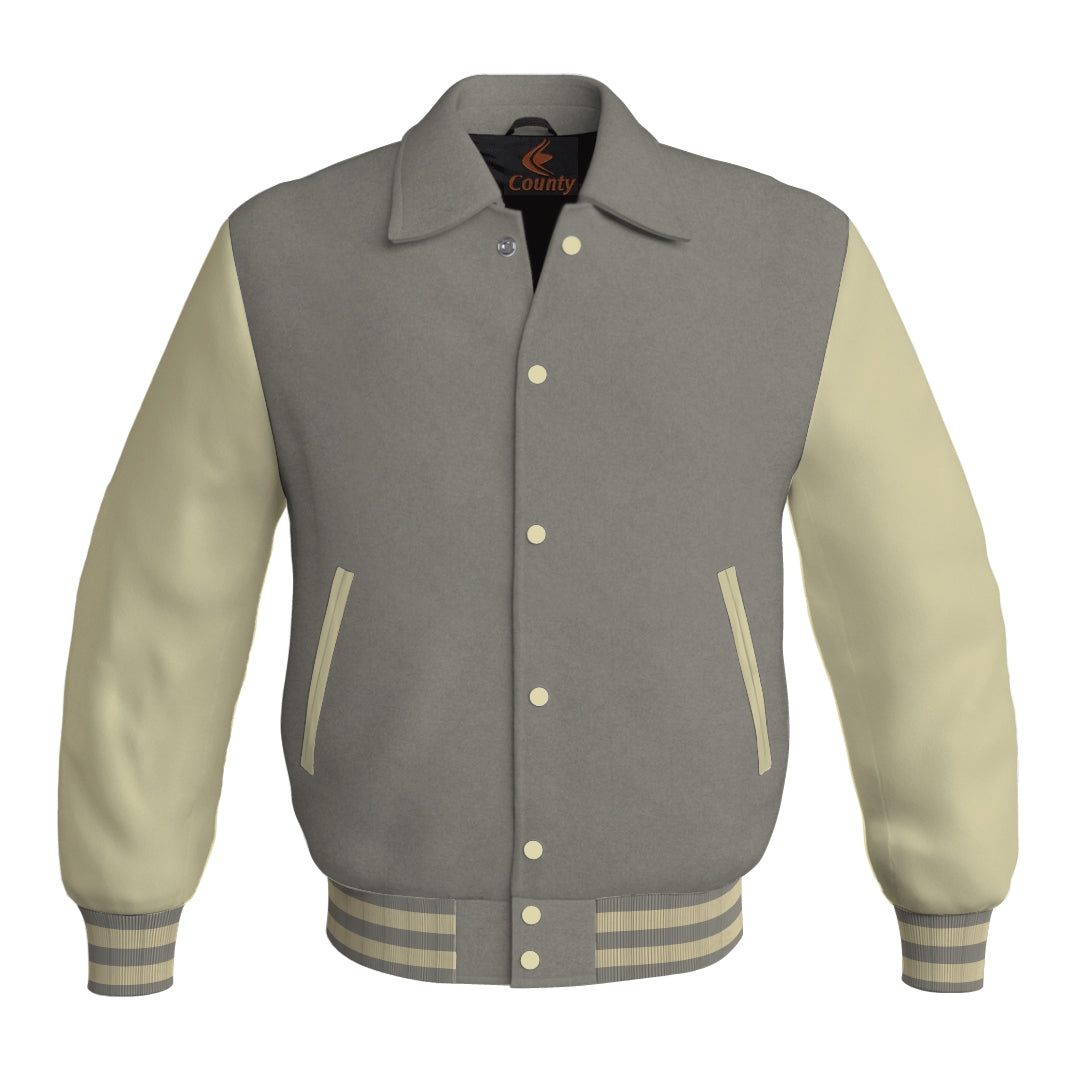 Letterman Varsity Classic Jacket Gray Body and Cream Leather Sleeves