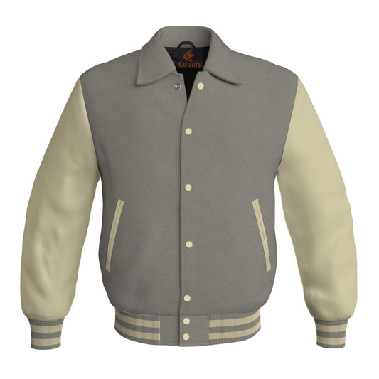 Letterman Varsity Classic Jacket Gray Body and Cream Leather Sleeves