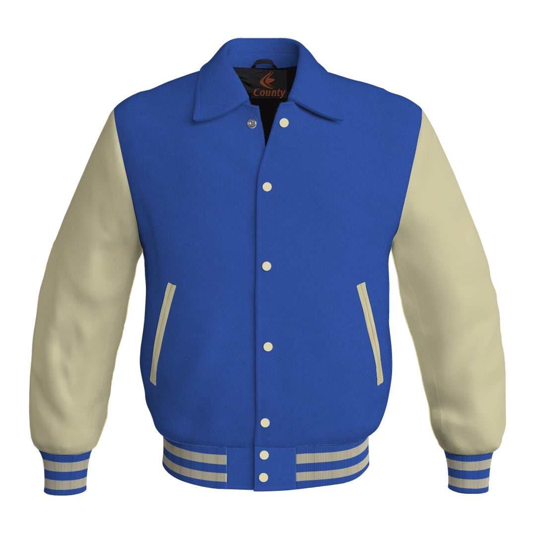 Letterman Varsity Classic Jacket Blue Body and Cream Leather Sleeves