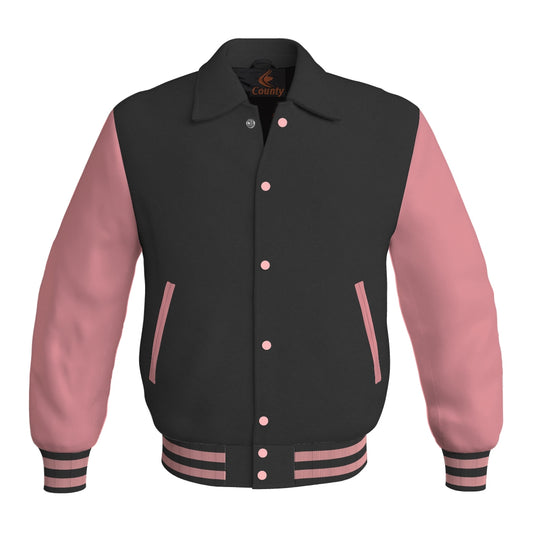 Letterman Varsity Classic Jacket Black Body and Pink Leather Sleeves