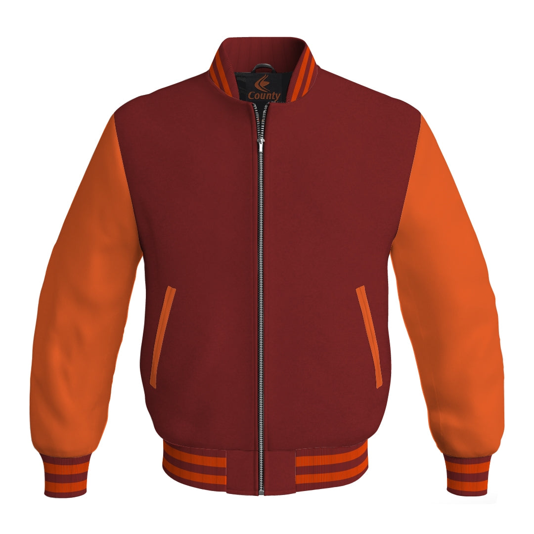 Mens Bomber Jacket Maroon Body and Orange Leather Sleeves Bomber Jacket