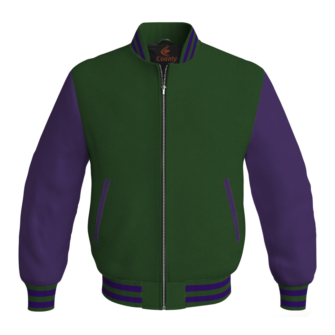 Varsity Jacket Mens Forest Green Body and Purple Leather Sleeves Bomber Jacket