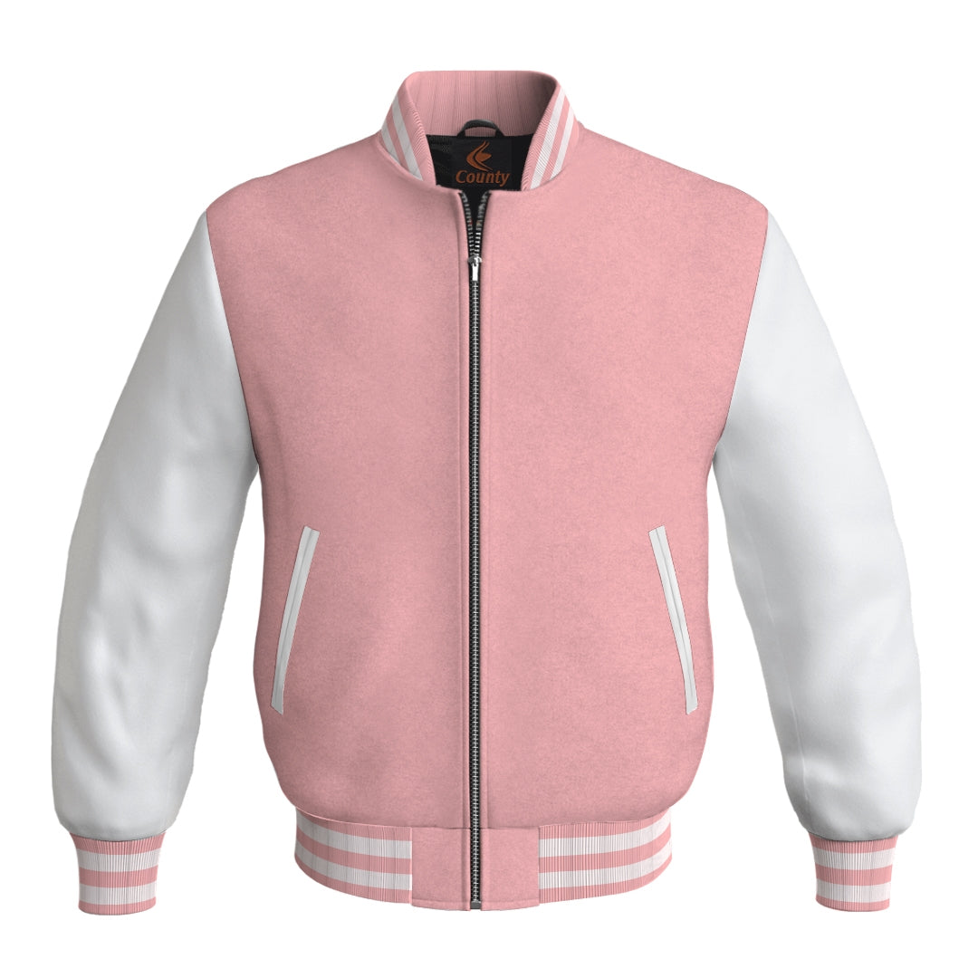 Team Varsity Jackets Pink Body and White Leather Sleeves Bomber Jacket