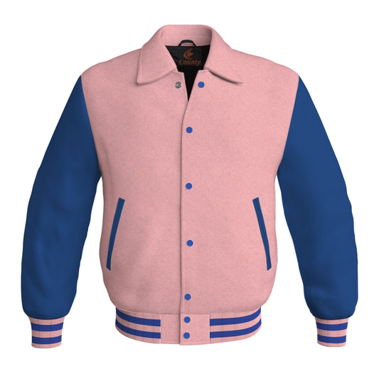 Letterman Varsity Classic Jacket Pink Body and Blue Leather Sleeves