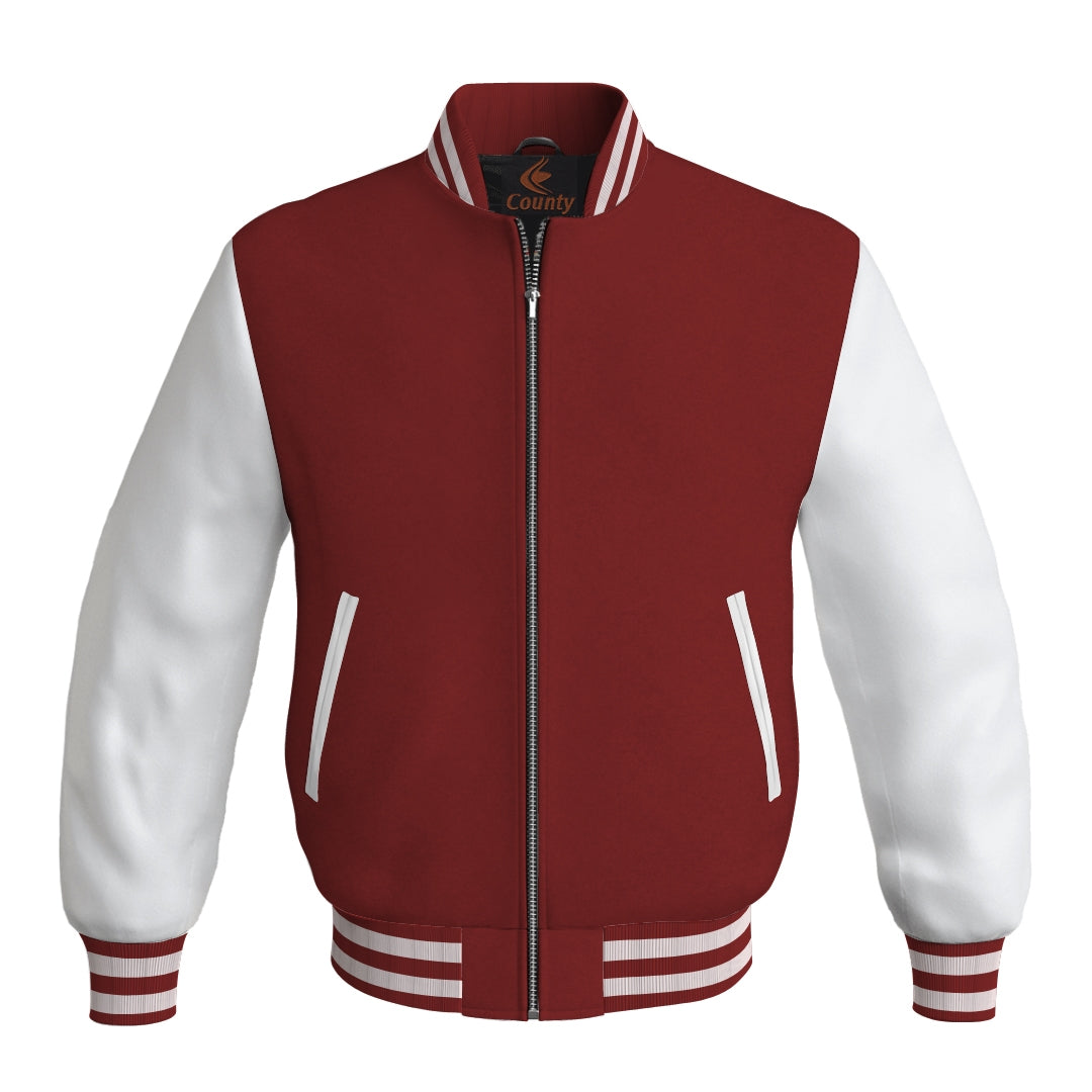 Team Varsity Jackets Maroon Body and White Leather Sleeves Bomber Jacket