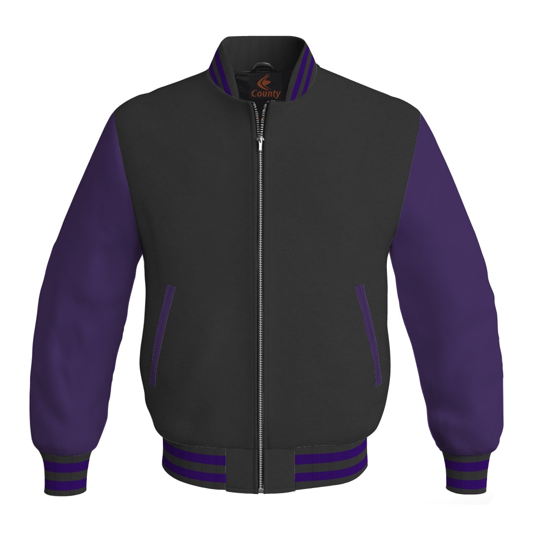 Varsity Jacket Women Black Body and Purple Leather Sleeves Bomber Jacket