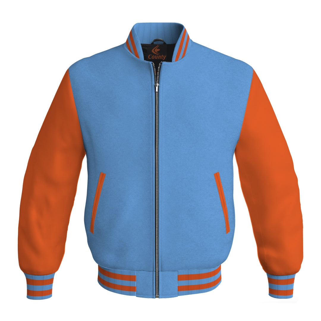 Mens Bomber Jacket Sky Blue Body and Orange Leather Sleeves Bomber Jacket