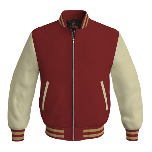 Varsity Jacket Women Maroon Body and Cream Leather Sleeves Bomber Jacket