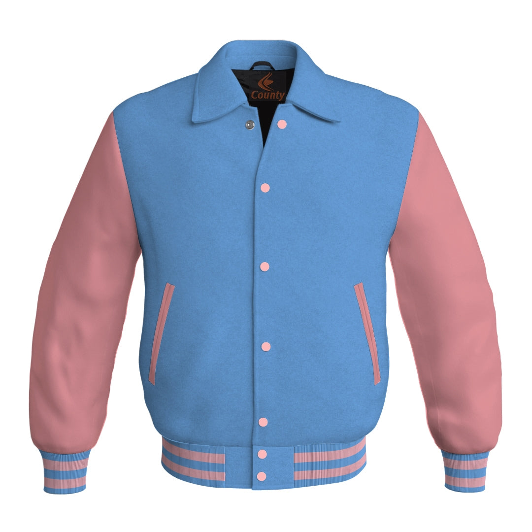 Letterman Varsity Classic Jacket Sky Blue Body and Pink Leather Sleeves