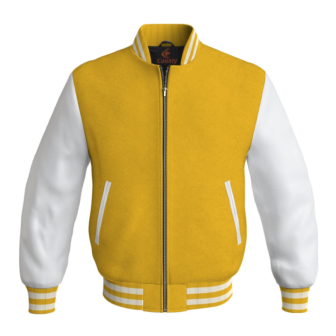 Team Varsity Jackets Yellow/Gold Body and White Leather Sleeves Bomber Jacket