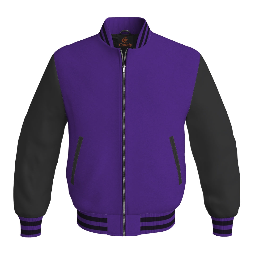 Ladies Varsity Jacket Purple Body and Black Leather Sleeves Bomber Jacket