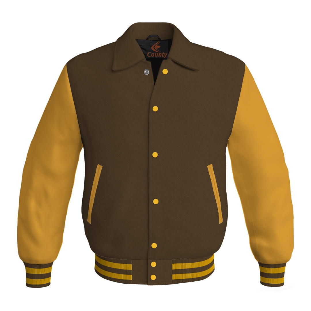 Letterman Varsity Classic Jacket Brown Body and Gold Leather Sleeves