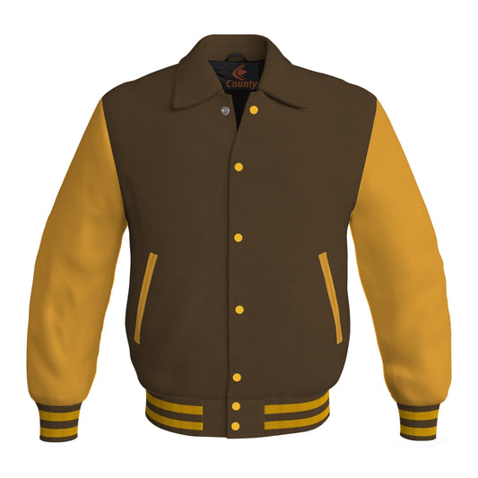 Letterman Varsity Classic Jacket Brown Body and Gold Leather Sleeves