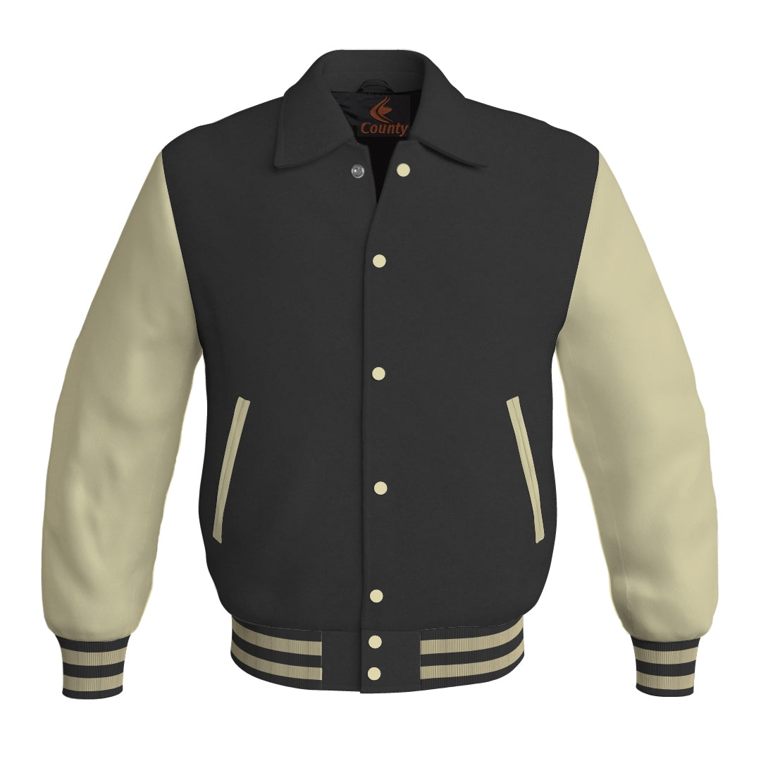 Letterman Varsity Classic Jacket Black Body and Cream Leather Sleeves