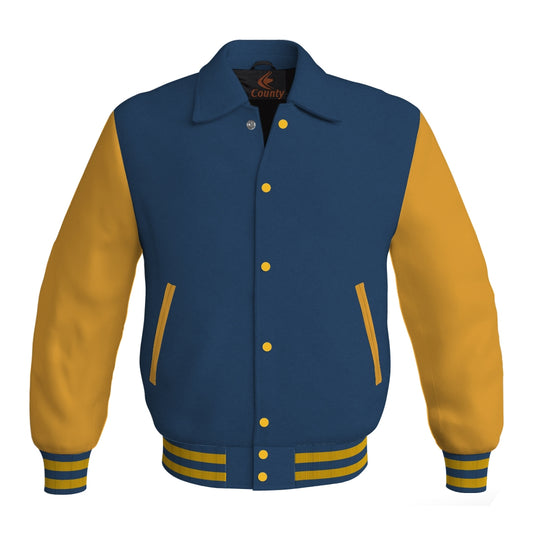 Letterman Varsity Classic Jacket Navy Blue Body and Gold Leather Sleeves