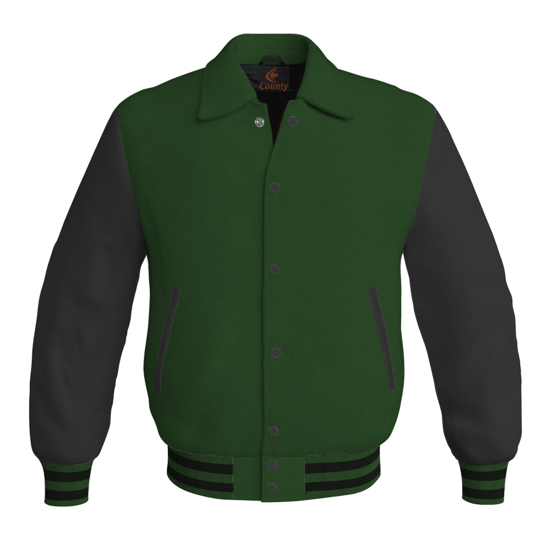 Letterman Varsity Classic Jacket Forest Green Body and Black Leather Sleeves