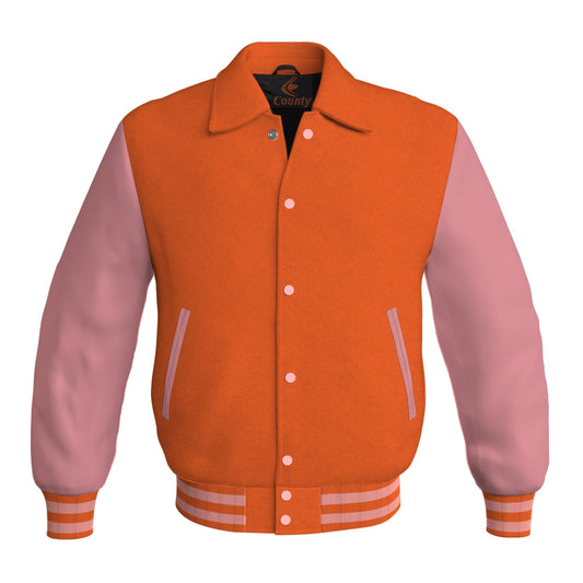 Letterman Varsity Classic Jacket Orange Body and Pink Leather Sleeves