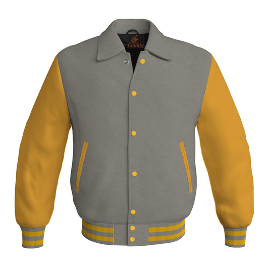 Letterman Varsity Classic Jacket Gray Body and Gold Leather Sleeves