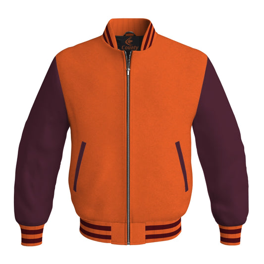 Varsity Jacket Mens Orange Body and Maroon Leather Sleeves Bomber Jacket