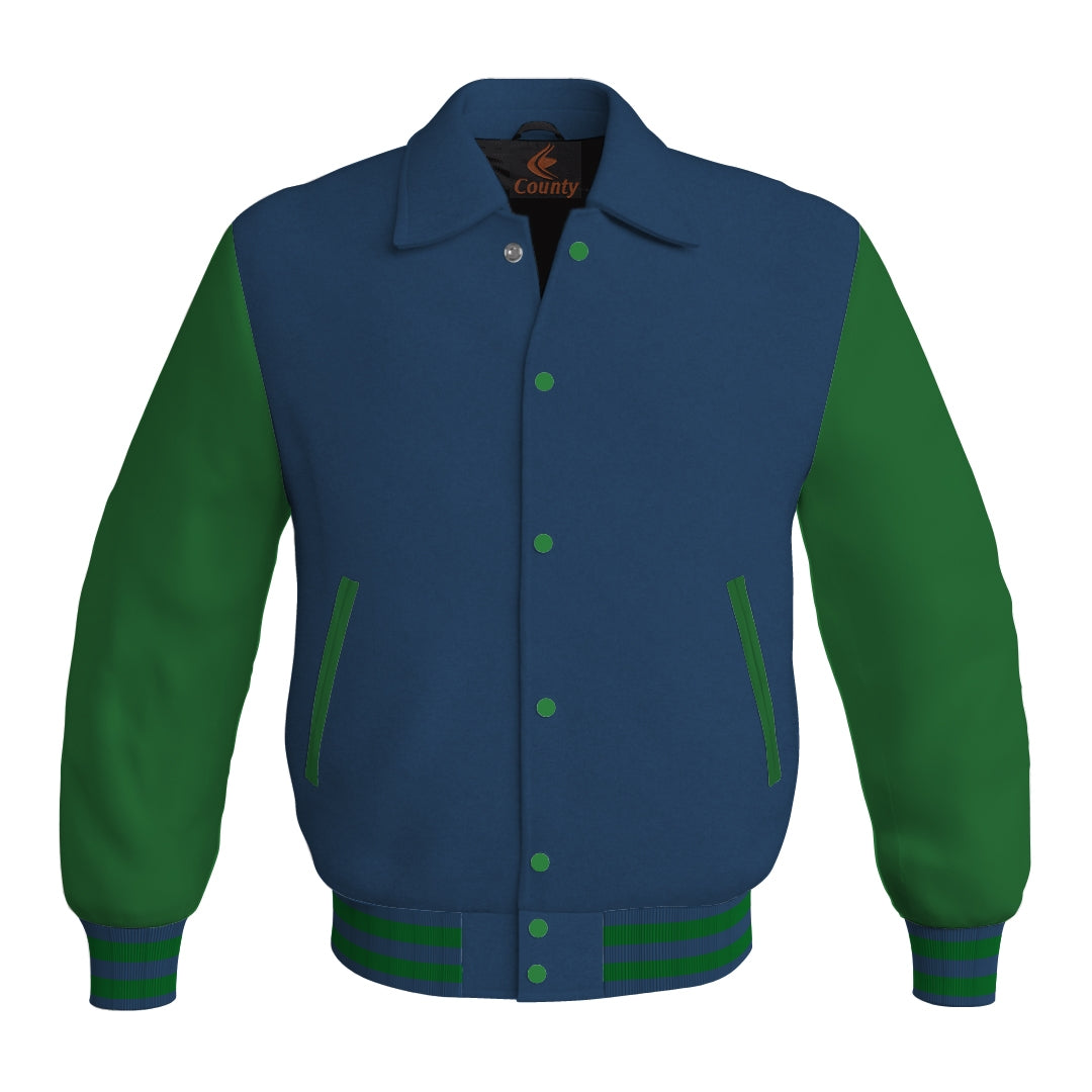 Letterman Varsity Classic Jacket Navy Blue Body and Green Leather Sleeves