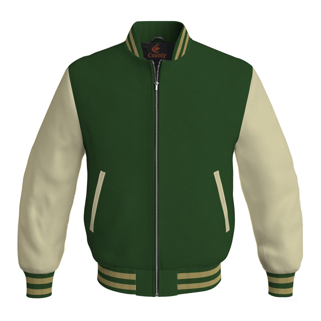 Varsity Jacket Mens Forest Green Body and Cream Leather Sleeves Bomber Jacket