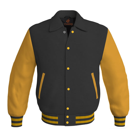 Letterman Varsity Classic Jacket Black Body and Gold Leather Sleeves