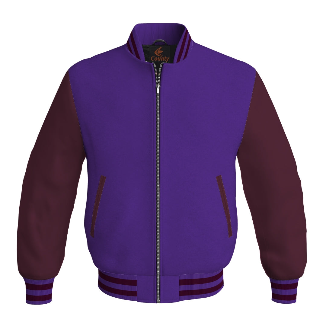 Varsity Jacket Purple Body and Maroon Leather Sleeves Bomber Jacket