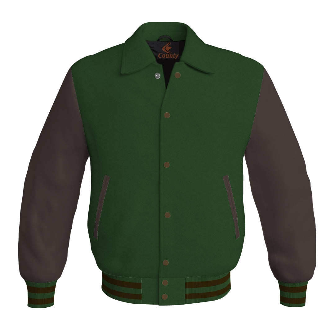 Letterman Varsity Classic Jacket Forest Green Body and Brown Leather Sleeves