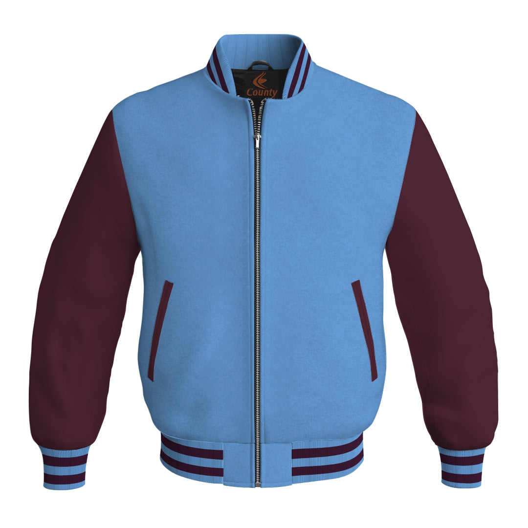 Varsity Jacket Sky Blue Body and Maroon Leather Sleeves Bomber Jacket