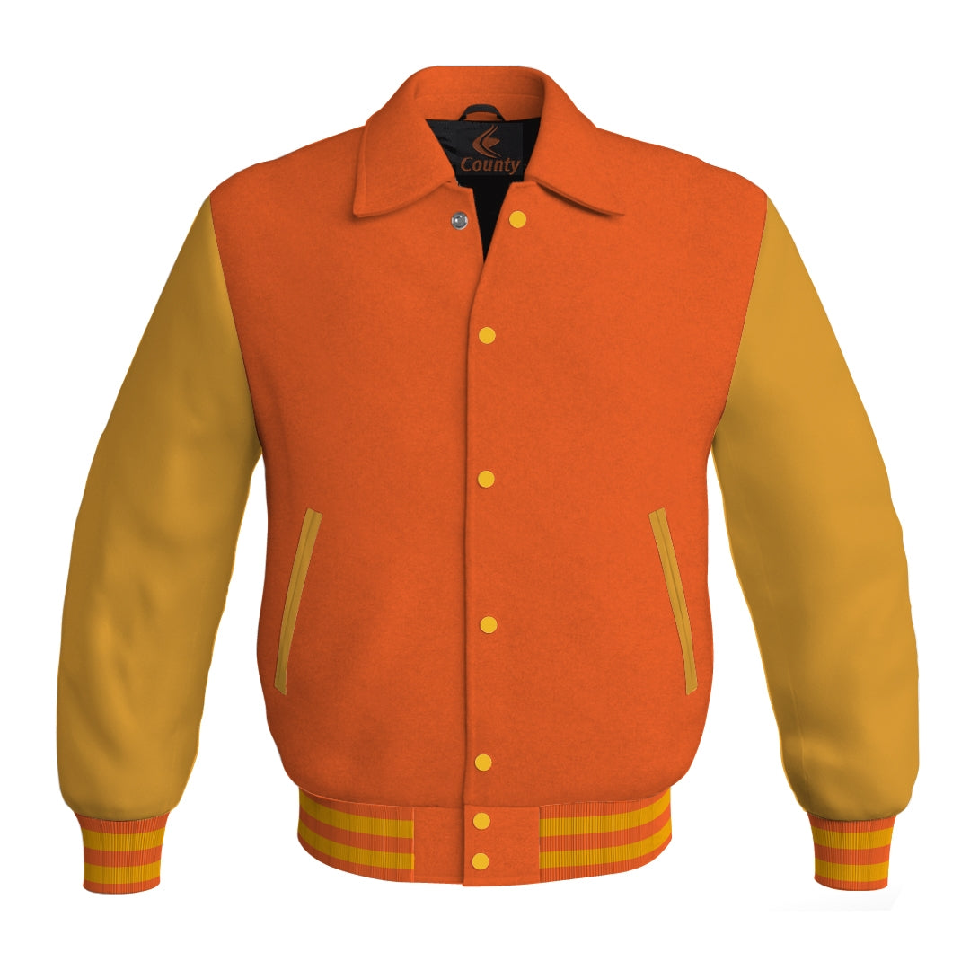 Letterman Varsity Classic Jacket Orange Body and Gold Leather Sleeves