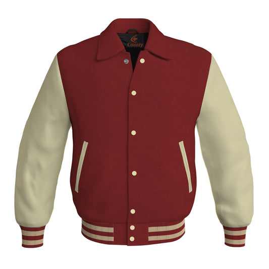 Letterman Varsity Classic Jacket Maroon Body and Cream Leather Sleeves