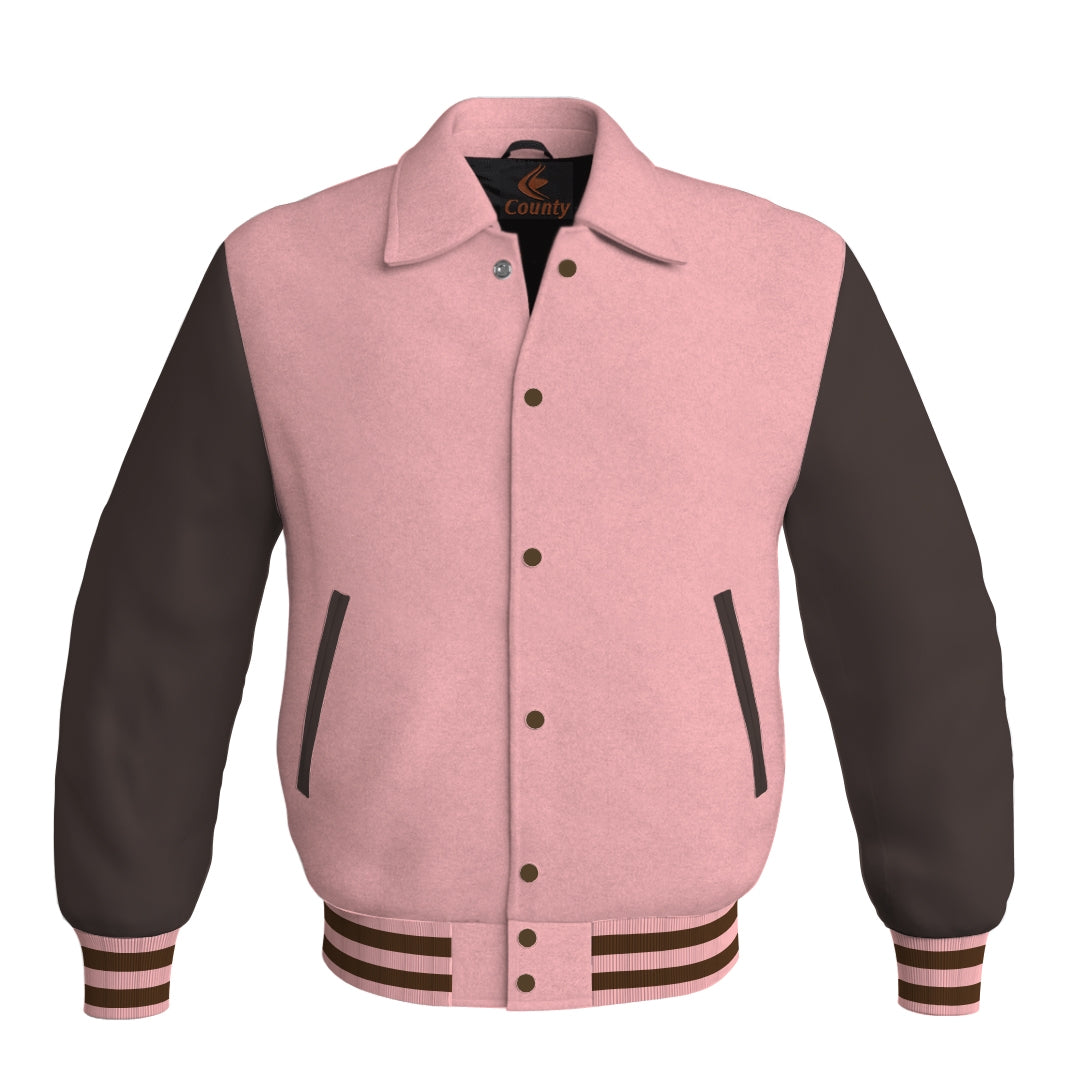 Letterman Varsity Classic Jacket Pink Body and Brown Leather Sleeves