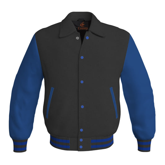 Letterman Varsity Classic Jacket Black Body and Blue Leather Sleeves