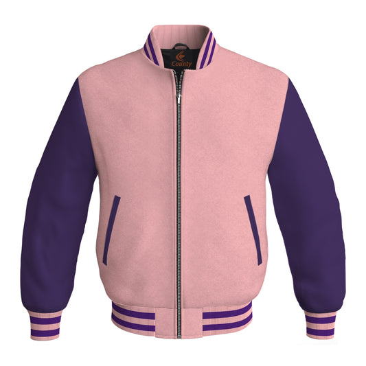 Varsity Jacket Mens Pink Body and Purple Leather Sleeves Bomber Jacket