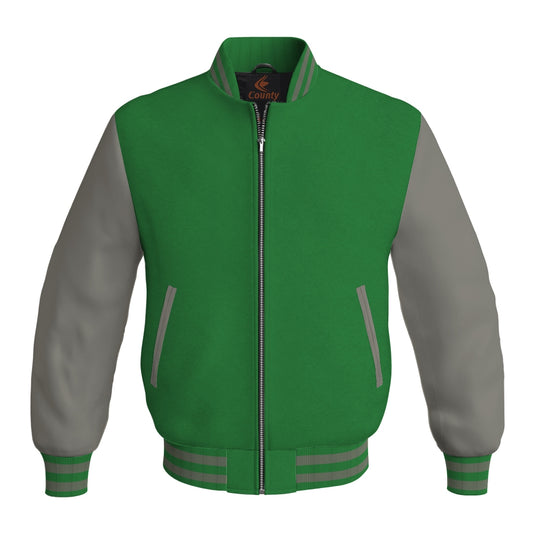 Mens Bomber Jacket Green Body and Gray Leather Sleeves Bomber Jacket